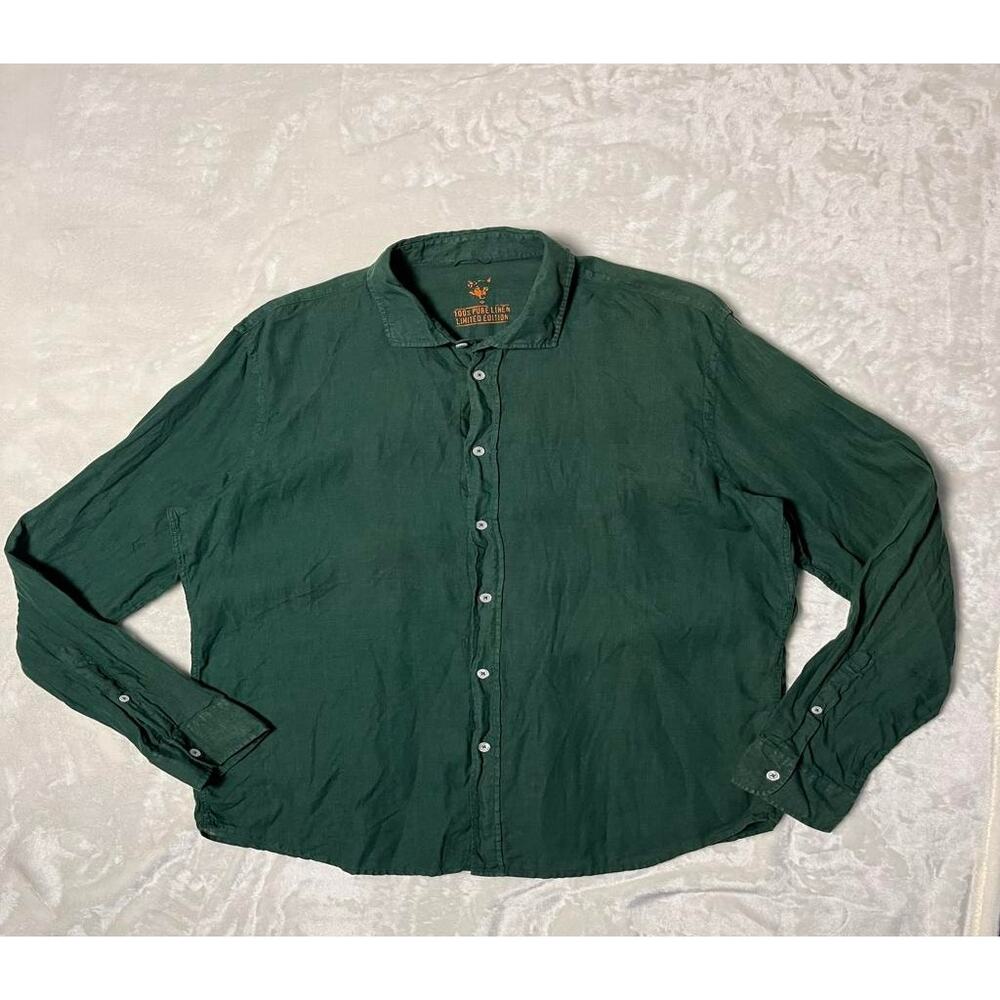 Wolf 100% Linen Button Up Mens XL Long Sleeve Dark Green Summer Autumn